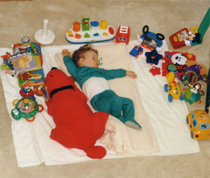 Crashed on the floor amongst the toys